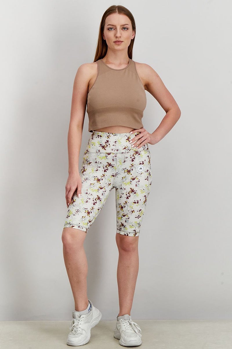 Adidas Women Sportswear Fit True Purpose Allover Print Cycling Tights, White and Purple and Lime - Image 2